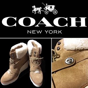 Coach Kenna Tan Shearling Fur Wedge Boots SZ 8.5 M